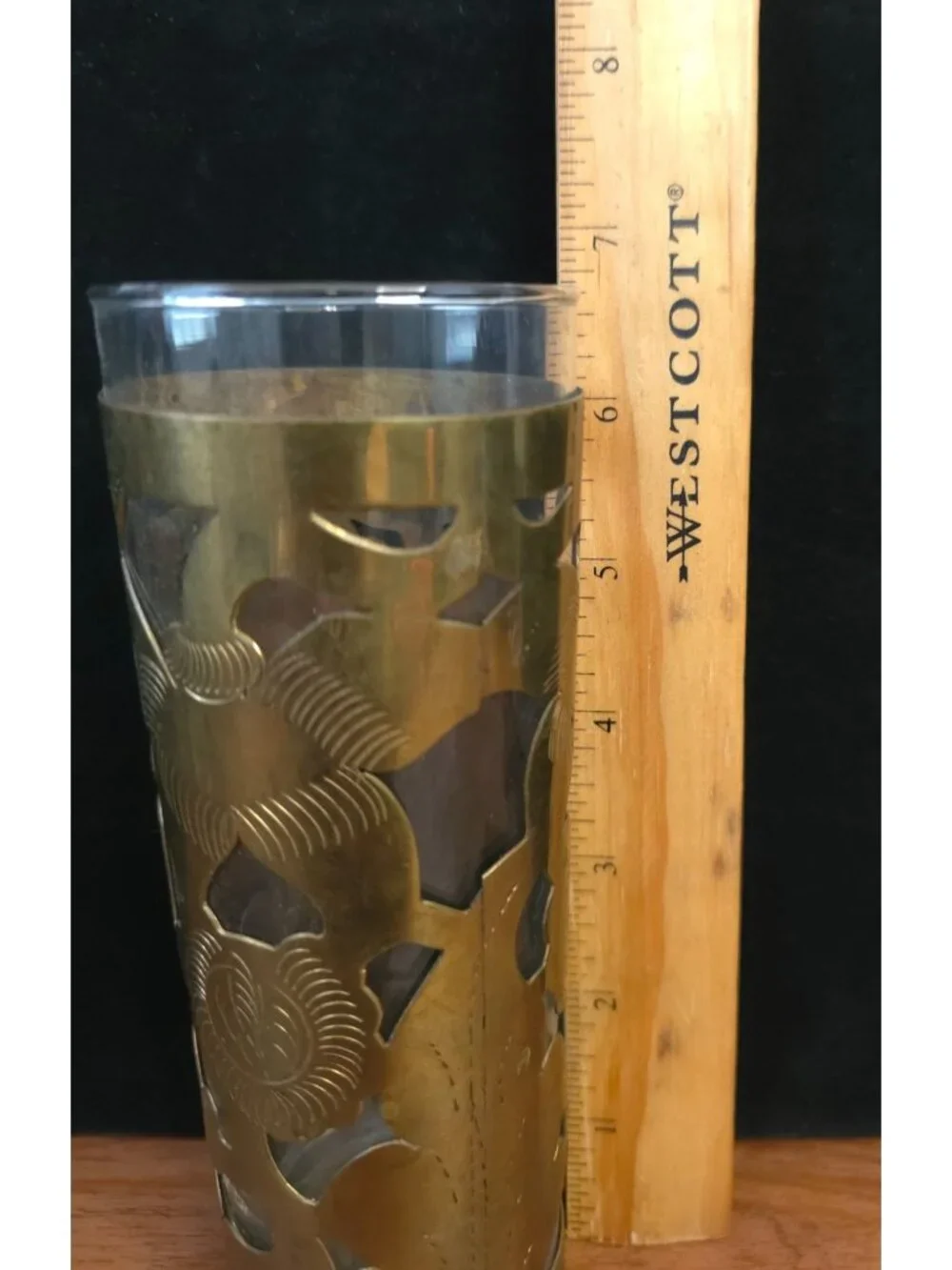 Vintage Mexican MCM Brass Overlay Glass Tumbler w/ Etched Floral Design 6.5